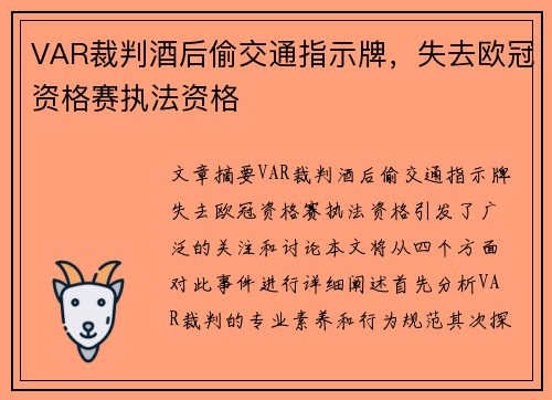 VAR裁判酒后偷交通指示牌，失去欧冠资格赛执法资格